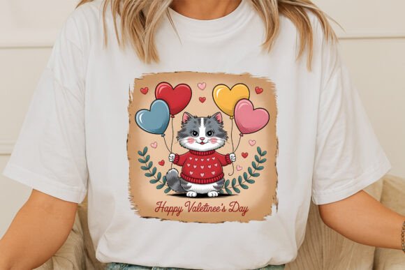 Cute Cat Holding Heart Balloons on Valen