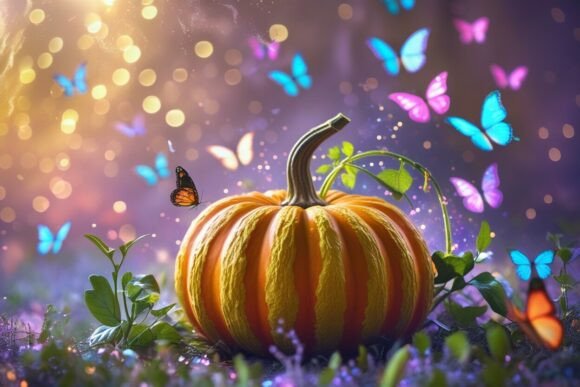 Pumpkin with Butterfly Background: A Unique Digital Art Option for Creative Use
